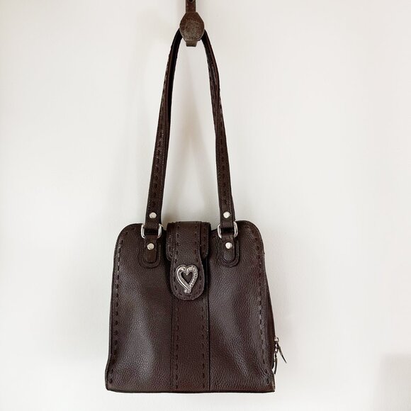 MC Brown Leather Purse Silver Heart Shoulder Bag  Lots of Pockets - Picture 4 of 12